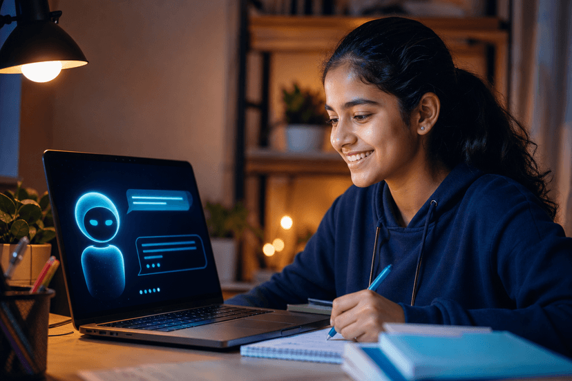 Aluno sorrindo estudando com tutor de IA no notebook