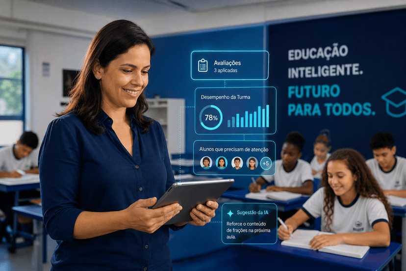 Professora utilizando ferramentas digitais em sala de aula moderna