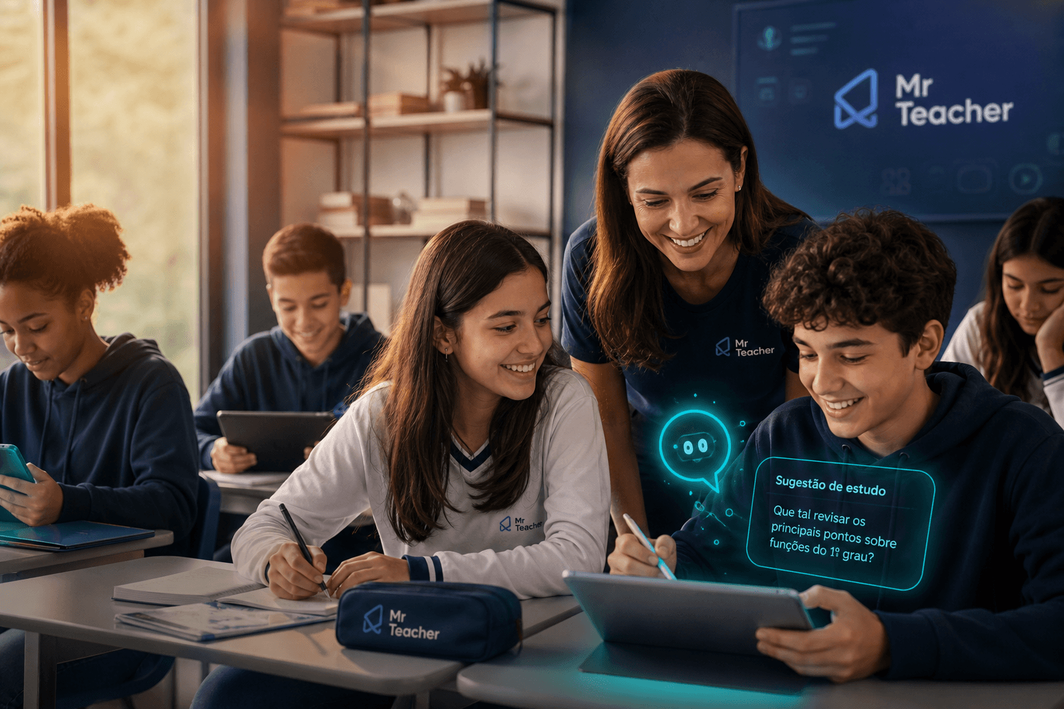 Professora e alunos em sala de aula moderna, colaborando com tecnologia